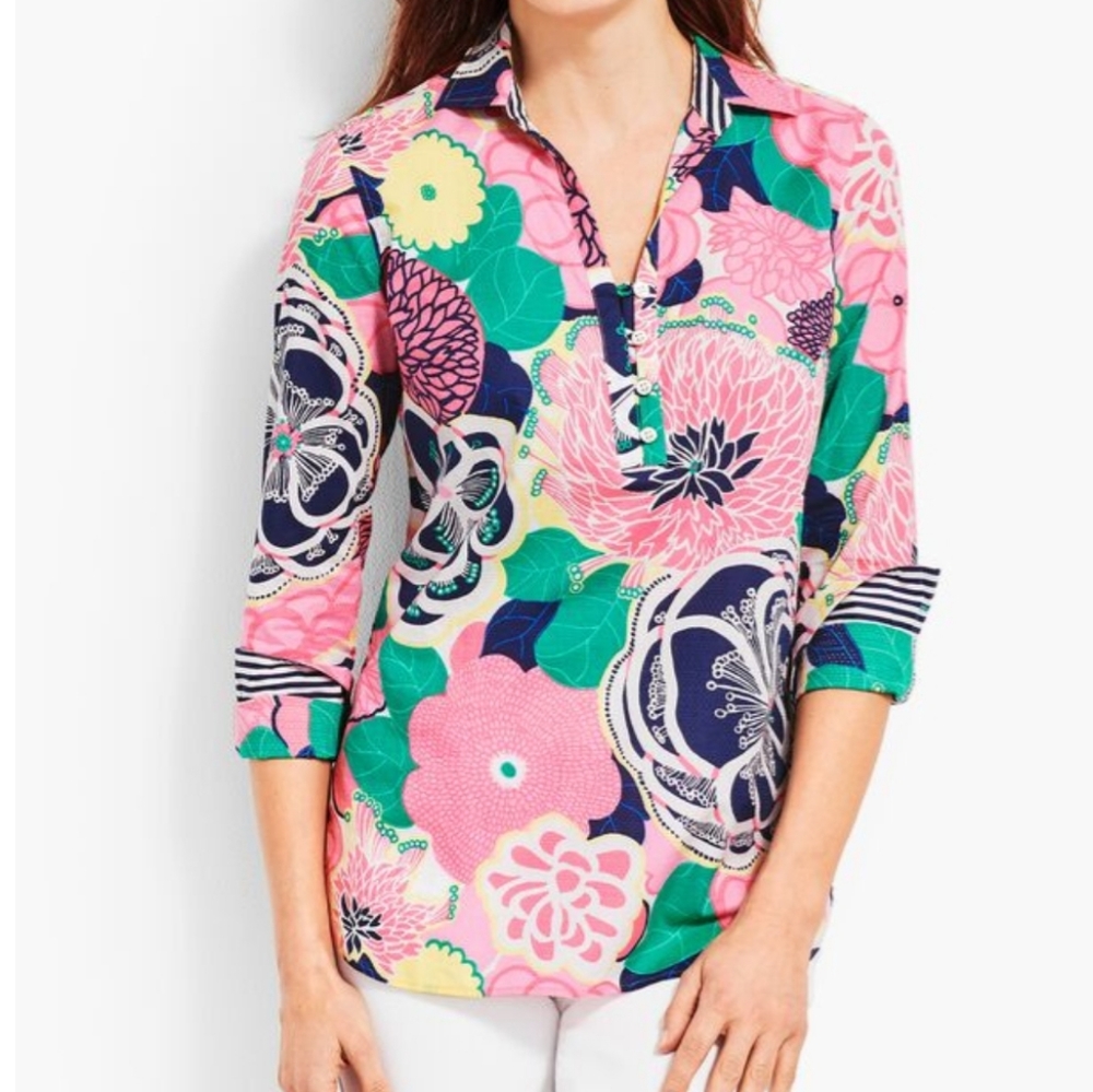Talbots Floral Spring Cotton Tunic Top Size Large